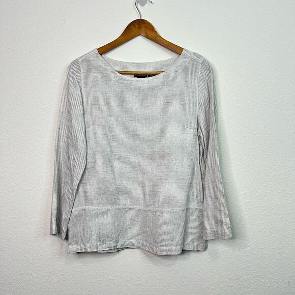 Tahari 100% Linen Micro Striped White Black 3/4 Sleeve Lagenlook Top Size M - Picture 1 of 12